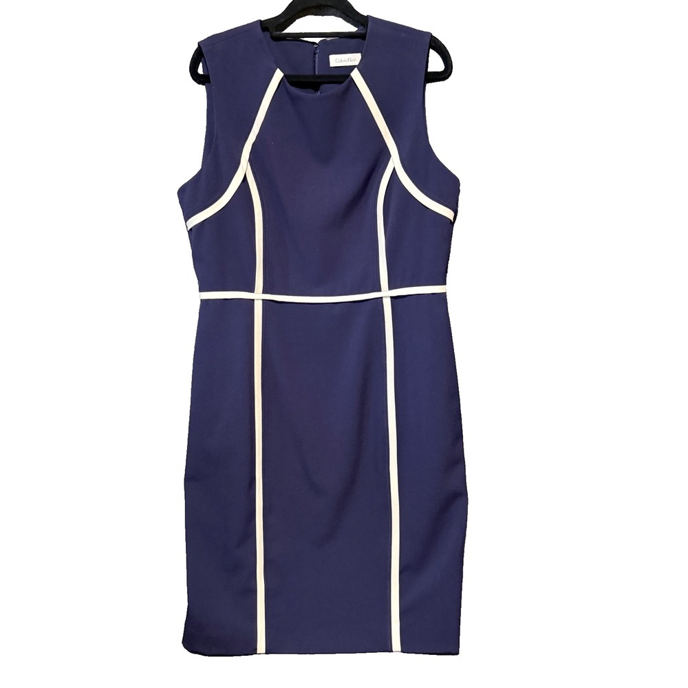 Calvin Klein White Piping Sheath Dress Navy Sz 12 business casual work‎ office
